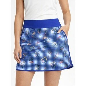 Lands End Swim Skirt Size 8 Blue Gingham Floral Attached Shorts Swimsuit Bottom